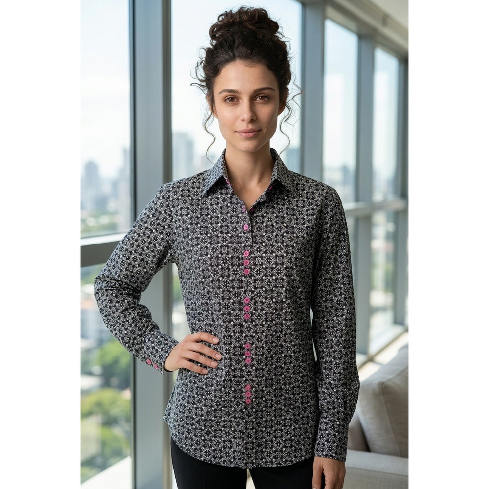 Women Black White Geometric Print Button Down Top Pink Accents L Preppy Academia